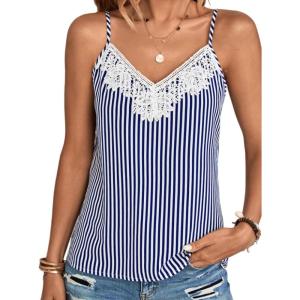 CUPSHE Women Tops Stripe Lace Trim Cami V Neck Tee Sleeveless Shirt Casual(Blue)