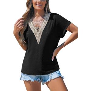 CUPSHE Women V Neck Eyelet Short Sleeve Bohemian Embroidered Tops Beach Outfits(Black)