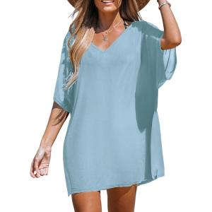 CUPSHE Women V-Neck Slit Mini Cover-Up Dress Casual Summer Short Sleeves Solid Cover Up(Blue)