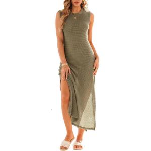 CUPSHE Women Waffle Knit Swimsuit Coverup Sleeveless Maxi Long Beach Cover Up Dress(Green)