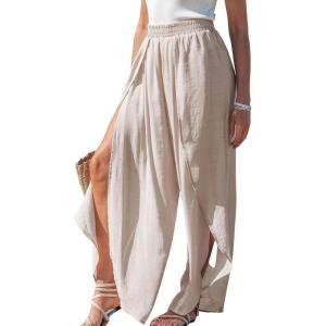 CUPSHE Womens Bathing Suit Cover up Wide Leg High Waist Beach Vacation Ruffled Hem Pants(Brown)