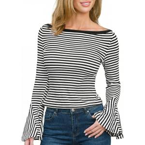 CUPSHE Women’s Bell Long Sleeve Shirts Striped Casual Going Out Tops Boat Neck Fitted Y2K Clothes(Black White)