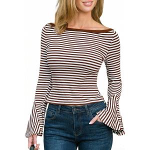 CUPSHE Women’s Bell Long Sleeve Shirts Striped Casual Going Out Tops Boat Neck Fitted Y2K Clothes(Brown White)