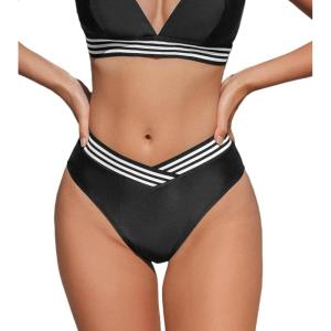 CUPSHE Women’s Bikini Bottom High Waisted V Cut Swimsuit Bottom Only Full Coverage(Black/White)