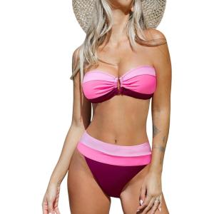 CUPSHE Women’s Bikini Sets Adjustable Removable Straps Bandeau Swimsuit High Waisted Cheeky Bottom O Ring(Pink/Burgundy)