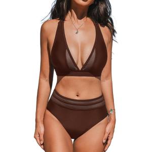 CUPSHE Women’s Bikini Sets Halter V Neck Tie Back Bathing Suit Mesh Panel High Waisted Bottom(Dark Brown)