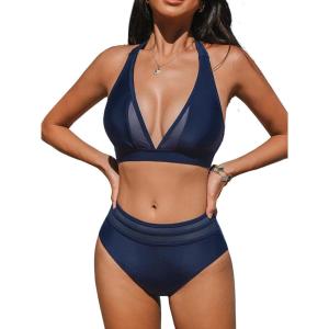 CUPSHE Women’s Bikini Sets Halter V Neck Tie Back Bathing Suit Mesh Panel High Waisted Bottom(Navy)