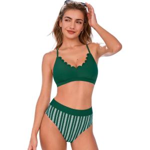 CUPSHE Women’s Bikini Sets High Waisted Scalloped V Neck Two Piece Crisscross Self Tie Spaghetti Straps Bathing Suit(Deep Green/Striped)