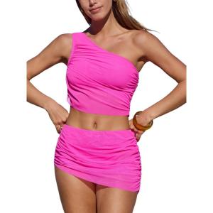 CUPSHE Women’s Bikini Sets Two Piece Bathing Suit One Shoulder Ruched Mesh Mid Rise Skirt Bottom Asymmetrical(Neon Pink)