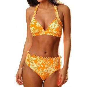 CUPSHE Women’s Bikini Sets Two Piece Swimsuit Halter Tie Bathing Suit V Neck Mid Rise Ruffle Back Hook(Orange Floral)