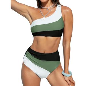 CUPSHE Women’s Bikini Sets Two Piece Swimsuit High Waisted One Shoulder Color Block Ruched Asymmetrical(Black/Dark Green)