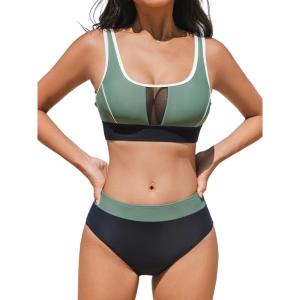 CUPSHE Women’s Bikini Sets Two Piece Swimsuit High Waisted Scoop Neck Bathing Suit Color Block Swimwear(Sage Green/Navy Blue)