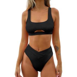CUPSHE Women’s Bikini Sets Two Piece Swimsuit High Waisted Square Neck Cutout Wide Straps Tank High Cut Cheeky Bottom(Black)