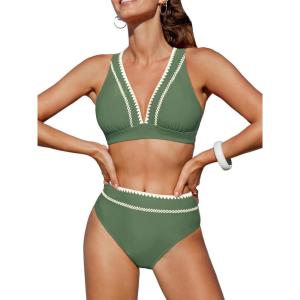 CUPSHE Women’s Bikini Sets Two Piece Swimsuit High Waisted V Neck Crisscross Back Self Tie Color Block Wide Straps(Green)