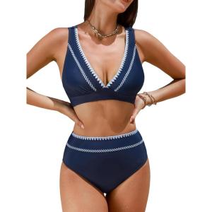 CUPSHE Women’s Bikini Sets Two Piece Swimsuit High Waisted V Neck Crisscross Back Self Tie Color Block Wide Straps(Navy Blue)