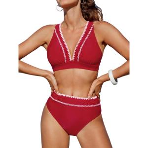 CUPSHE Women’s Bikini Sets Two Piece Swimsuit High Waisted V Neck Crisscross Back Self Tie Color Block Wide Straps(Vivid Red)