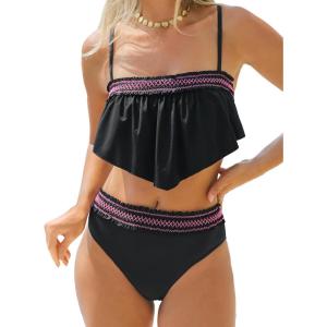 CUPSHE Women’s Bikini Sets Two Piece Swimsuit Ruffled Square Neck Adjustable Straps Bathing Suits Back Hook Stitching(Black/Pink)
