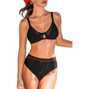 CUPSHE Women’s Bikini Sets Two Piece Swimsuit V Neck High Waisted Bathing Suit Mesh Keyhole Adjustable Straps(Black)