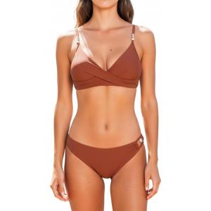 CUPSHE Women’s Bikini Sets Two Piece Swimsuit with Bead V Neck Wrapped Front Bathing Suit Mid Rise Back Hook(Wine Red)