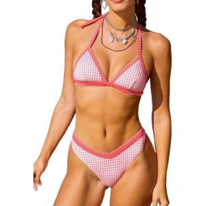 CUPSHE Women’s Bikini Sets Two Piece Swimsuits Halter V Neck Strappy Hook Shell Stitch Cheeky Swimwear(Coral Pink)