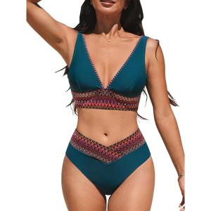 CUPSHE Women’s Bikini Sets V Neck Wide Straps Stitched Trim Bathing Suit V Cut Waist Bottom(Dark Teal)