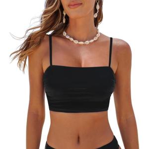 CUPSHE Womens Bikini Top Swimsuit Ruching Bandeau Top Spaghetti Adjustable Straps(Black)