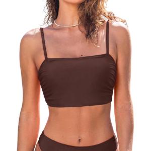 CUPSHE Womens Bikini Top Swimsuit Ruching Bandeau Top Spaghetti Adjustable Straps(Chocolate Brown)