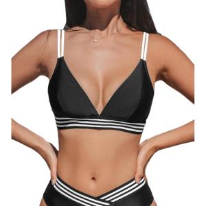 CUPSHE Women’s Bikini Top V Neck Triangle Swimsuit Top Only Double Adjustable Straps Back Hook(Black/White)