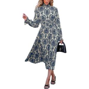 CUPSHE Women’s Boho Ruffle Maxi Fall Dress Mock Neck Long Lantern Sleeve Elastic Waist Paisley Casual Autumn Dresses(Blue)