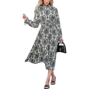 CUPSHE Women’s Boho Ruffle Maxi Fall Dress Mock Neck Long Lantern Sleeve Elastic Waist Paisley Casual Autumn Dresses(Paisley)