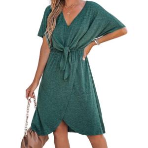 CUPSHE Women’s Bow V-Neck Mini Dress Short Sleeves Solid Knit Dresses Casual Summer(Green)