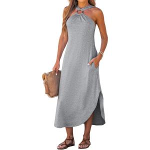 CUPSHE Women’s Cami Maxi Dress Sleeveless V Neck Solid Dresses Casual Summer(Grey)