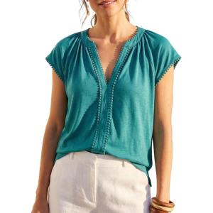 CUPSHE Women’s Cap Sleeve Tops 2026 Summer V-Neck Henley Shirts Pleated Blouses Loose Casual Shirts(Peacock Blue)