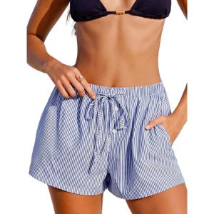 CUPSHE Women’s Casual Shorts Striped High Waisted Summer Beach Cover Up Shorts with Pockets(Blue)