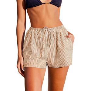 CUPSHE Women’s Casual Shorts Striped High Waisted Summer Beach Cover Up Shorts with Pockets(Brown)