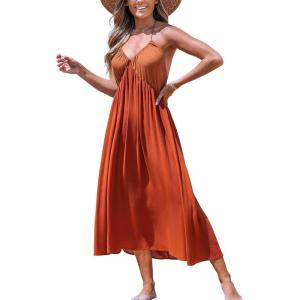 CUPSHE Women’s Casual Sleeveless Swimsuit Cover Up Long Dress Halter Backless Beach Vacation Dresses(Brick Red)