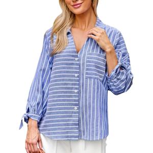 CUPSHE Women’s Casual Striped Top V Neck Button Down Shirt Long Sleeve Tie Cuffs Loose Fit Blouse(Blue)