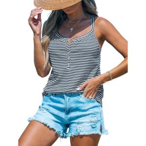 CUPSHE Women’s Casual Tanks Sleeveless Striped Basic Tank Top Henley Blouses(Navy&white Stripe)