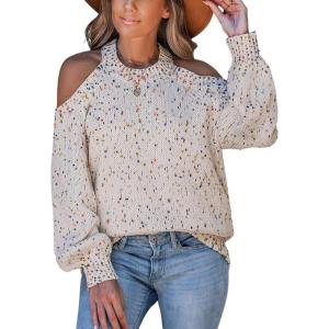 CUPSHE Women’s Cold Shoulder Oversized Sweaters Long Sleeve Criss Cross Rainbow Pom Knit Jumper Tops(Beige)