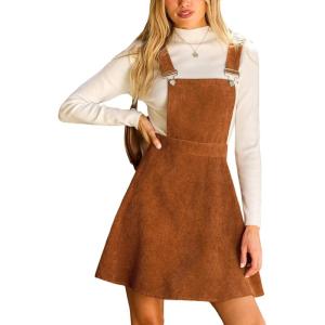 CUPSHE Women’s Corduroy Fall Overall Dress Square Neck Adjustable Straps Ruffle Hem Casual Pinafore Mini Dress(Brown)