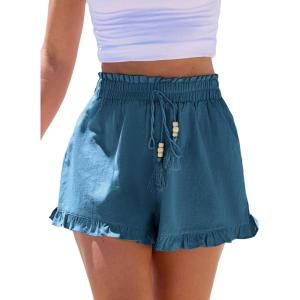 CUPSHE Womens Cotton Shorts Smock Waisted Summer Coverup Beach Shorts Ruffle Trim Casual Bottoms(Blue)