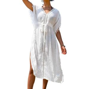 CUPSHE Women’s Cover Up Tassel Trim Belted Midi Length(White)