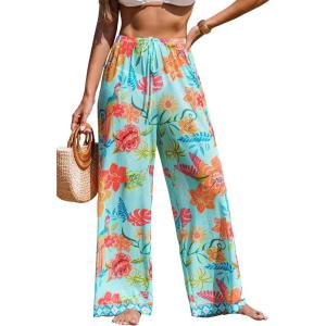 CUPSHE Women’s Cover up Boho Floral Print Drawstring Wide Leg Pants High Waist Wrap Cover-Up Pant(Blue-pink)