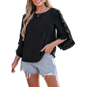 CUPSHE Womens Crew Neck Blouses 3/4 Sleeve Solid Tops Dressy Casual Cute Shirts(Black)