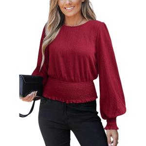 CUPSHE Women’s Crew Neck Frill Shirred Lantern Long Sleeve Blouse Office Shirt Work Top(Red)