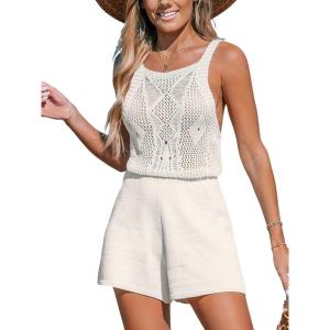 CUPSHE Womens Crochet Beach Cover Ups Casual Sleeveless Romper Square Neck Backless Shorts Overalls Mini Coverup(Beige)