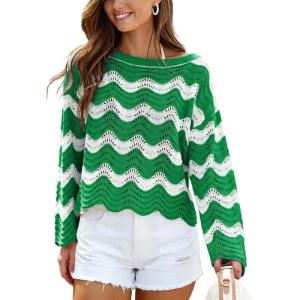 CUPSHE Women’s Crochet Cover Up Long Sleeve Striped Beach Cover Up Top Summer Casual Knit Tops for Swimwear(Top Only)(Green Stripes)
