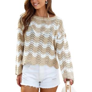 CUPSHE Women’s Crochet Cover Up Long Sleeve Striped Beach Cover Up Top Summer Casual Knit Tops for Swimwear(Top Only)(Neutral Stripes)