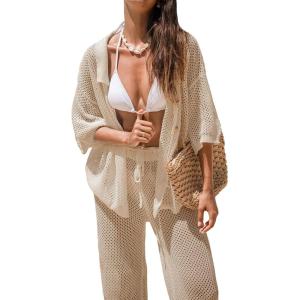 CUPSHE Women’s Crochet Cover Up Set Button Down Hollow Out Top Long Net Pant 2 Piece Beachwear(Khaki)
