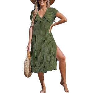 CUPSHE Women’s Crochet Swim Suit Coverup Cap Sleeve Knit Loose Beach Cover Ups Side Split Midi Dress(Green)
